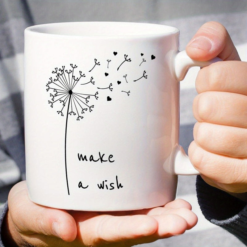 Tailorly White Ceramic 11 oz Mug - Make A Wish Delicate Minimalist Dandelion Seeds Scattering With Tiny Hearts Blowing In Wind Dandelion