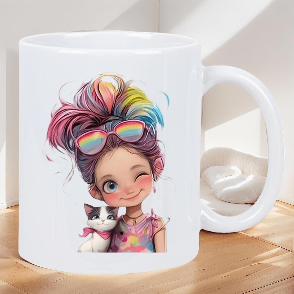 Tailorly White Ceramic 11 oz Mug - Colorful Messy Bun Character Featuring Smiling Winking Face With Cute Cat Girl