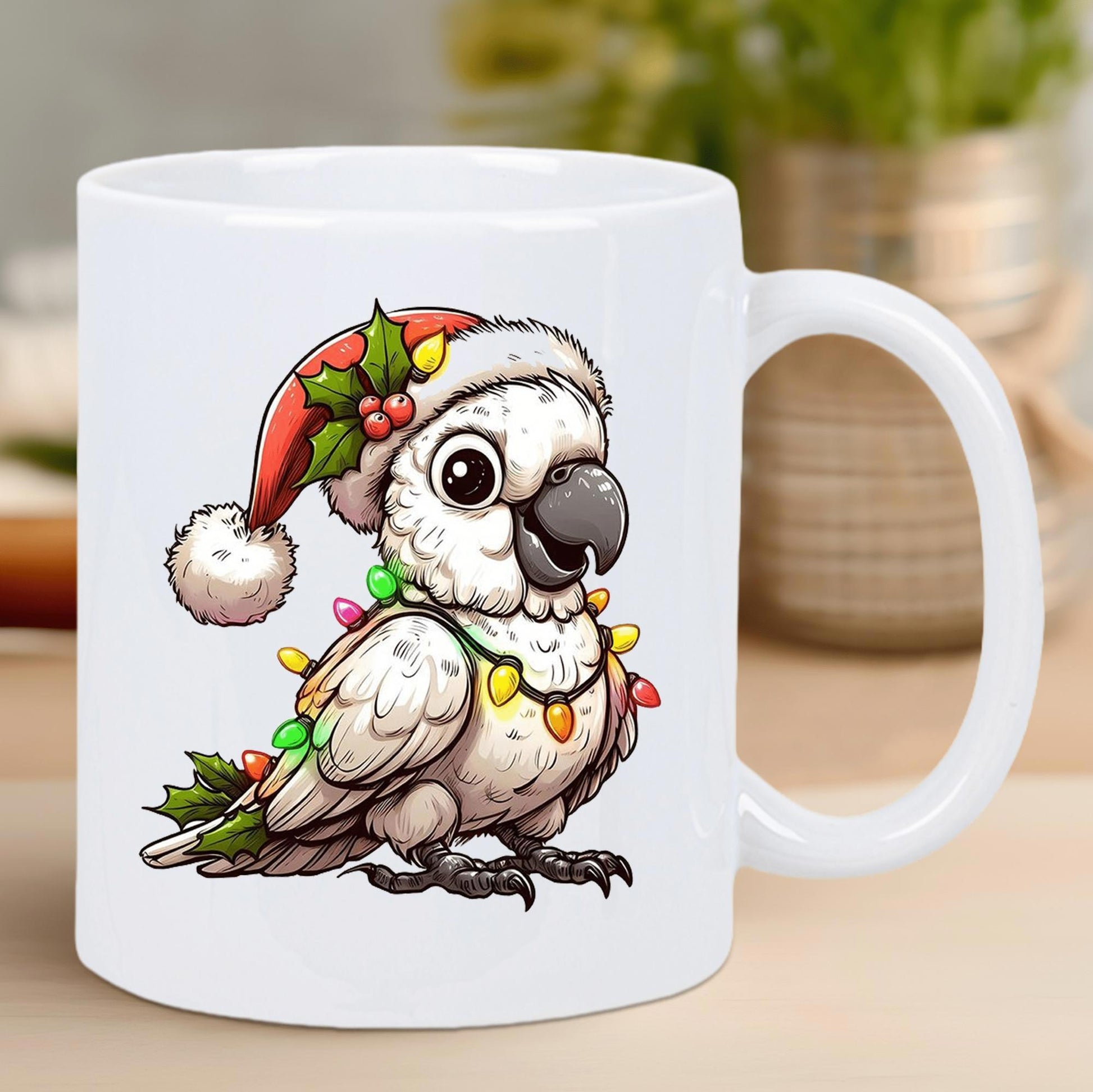 Tailorly White Ceramic 11 oz Mug - Festive Cartoon Bird Wearing Red Santa Hat And Glowing Christmas Lights Cockatoo