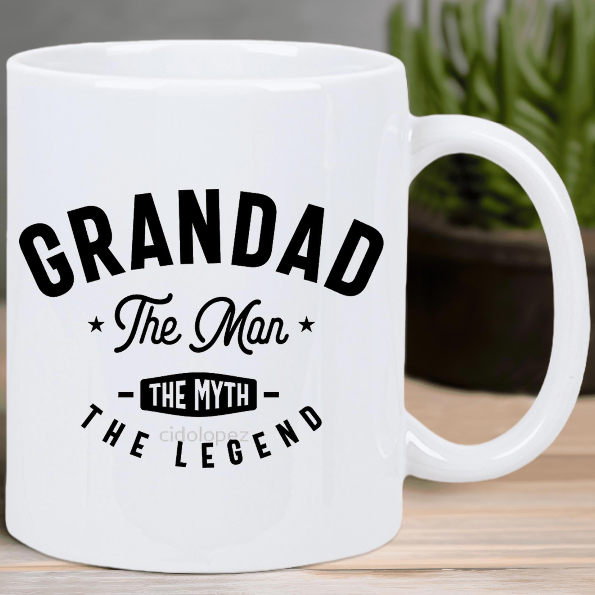 Tailorly White Ceramic 11 oz Mug - Grandad The Man The Myth The Legend Bold Black Typography With Classic Stars And Horizontal Banners Mug