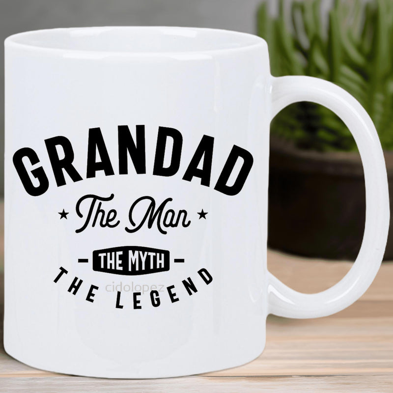 Tailorly White Ceramic 11 oz Mug - Grandad The Man The Myth The Legend Bold Black Typography With Classic Stars And Horizontal Banners Mug
