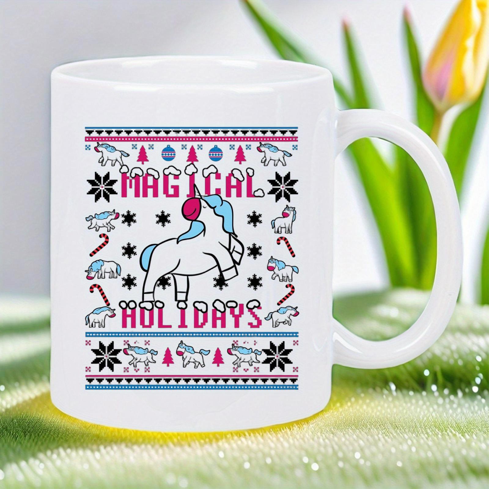 Tailorly White Ceramic 11 oz Mug - Magical Holidays Festive Pixelated Style Pattern With Snowflakes And Small Polar Bears Unicorn