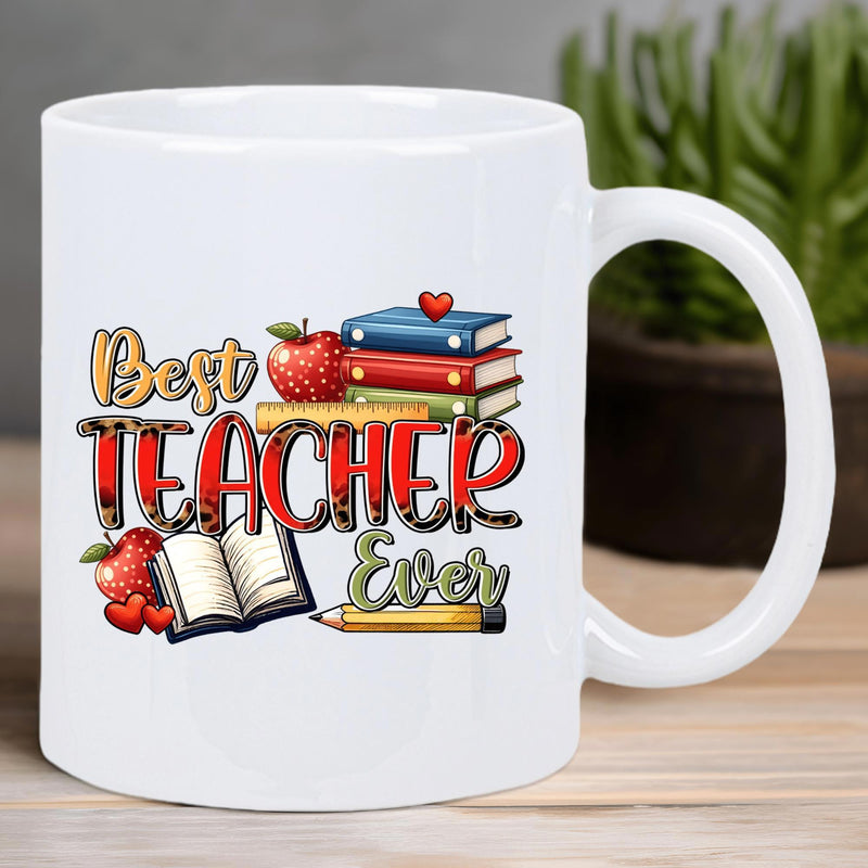 Tailorly White Ceramic 11 oz Mug - Best Teacher Ever Stack Of Colorful Books With Red Apple And Pencil Mug