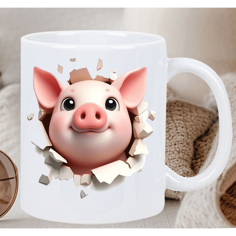 Tailorly White Ceramic 11 oz Mug - Adorable Pink Cartoon Head Bursting Through Broken White Concrete Wall Pig