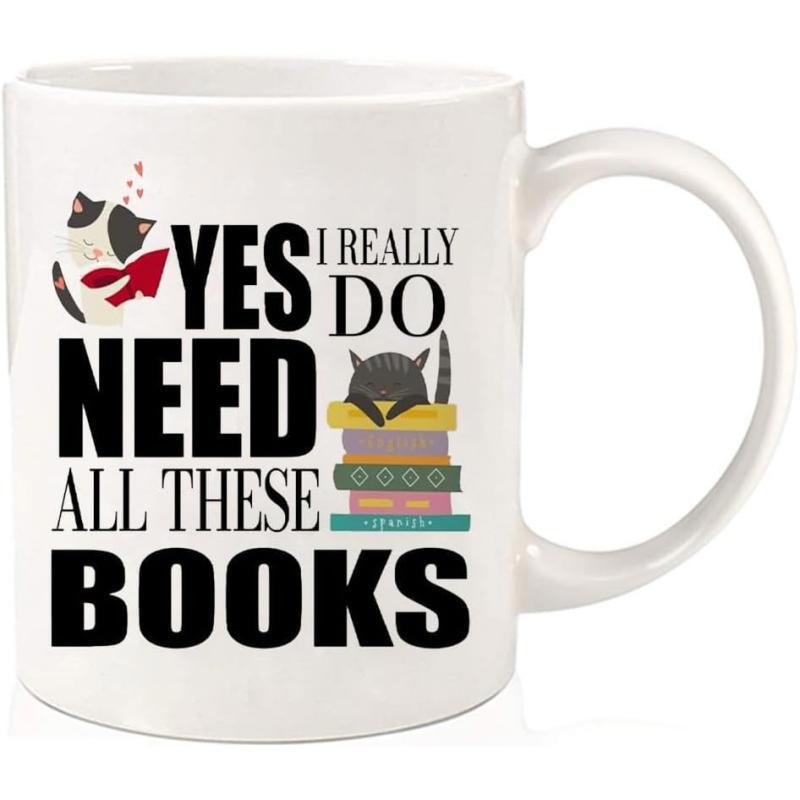 Tailorly White Ceramic 11 oz Mug - Yes I Really Do Need All These Books Cute Small Cats Resting Among A Colorful Stack Of Vintage Books