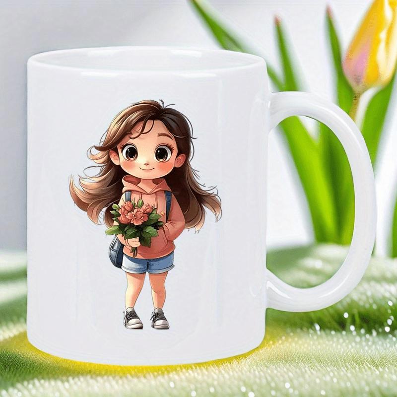 Tailorly White Ceramic 11 oz Mug - Sweet Little Girl Holding A Beautiful Bouquet Of Pink Flowers Girl