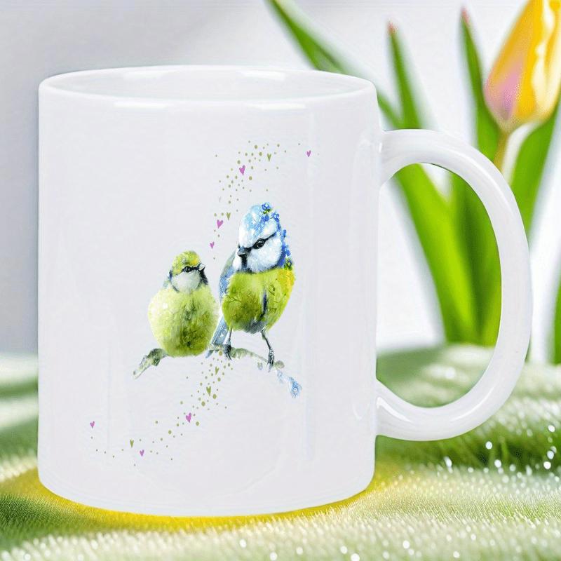 Tailorly White Ceramic 11 oz Mug - Two Colorful Watercolor Garden Songbirds Perched On Delicate Twigs Bird