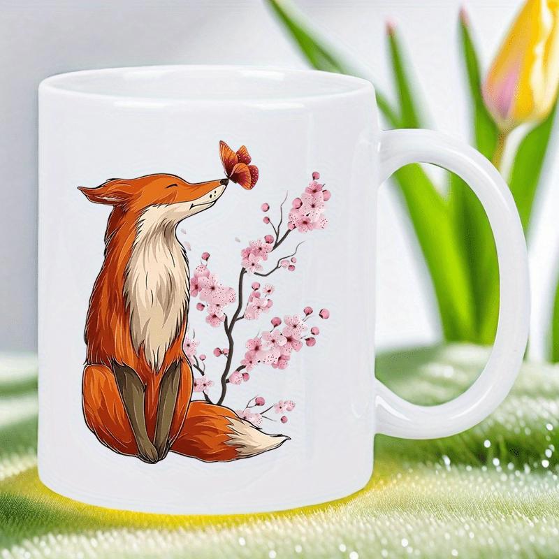 Tailorly White Ceramic 11 oz Mug - Serene Orange Animal Sitting Near Delicate Pink Spring Cherry Blossoms Fox