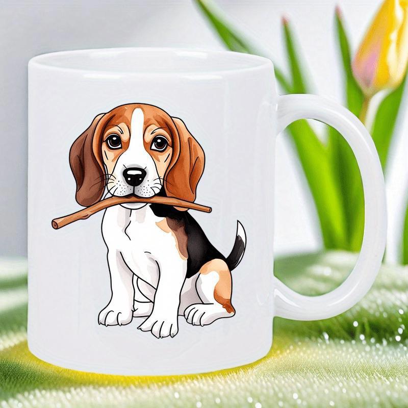 Tailorly White Ceramic 11 oz Mug - Adorable Tricolor Sitting Puppy Holding A Small Wooden Branch Beagle