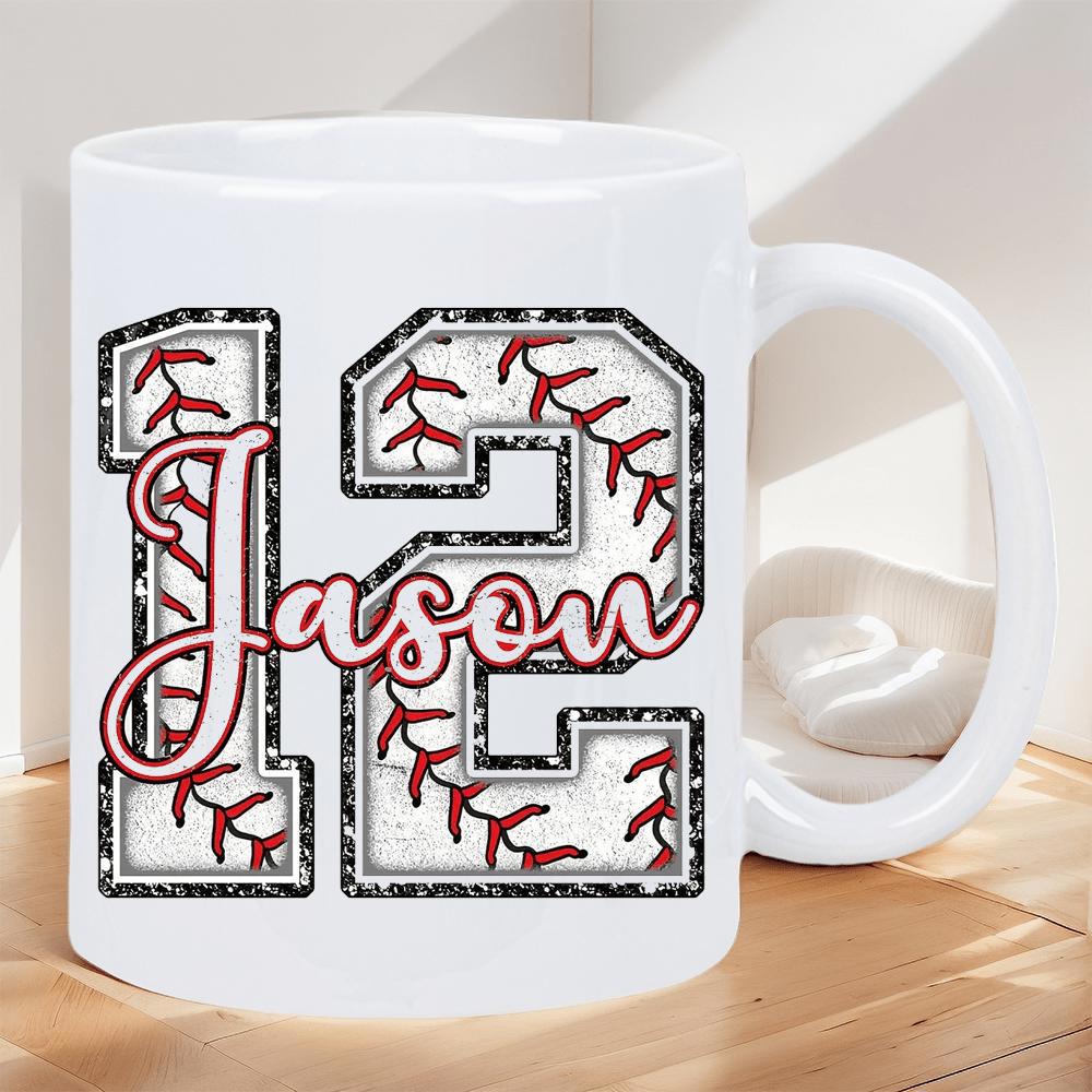 Tailorly White Ceramic 11 oz Mug - Jason Large Numeral Twelve Featuring Baseball Stitches And Bold Black Outlines Mug
