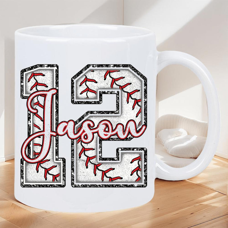 Tailorly White Ceramic 11 oz Mug - Jason Large Numeral Twelve Featuring Baseball Stitches And Bold Black Outlines Mug