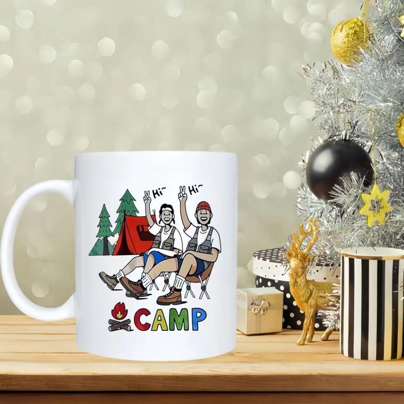 Tailorly White Ceramic 11 oz Mug - Camp Two Friends Sitting By A Tent And Pine Trees Camp