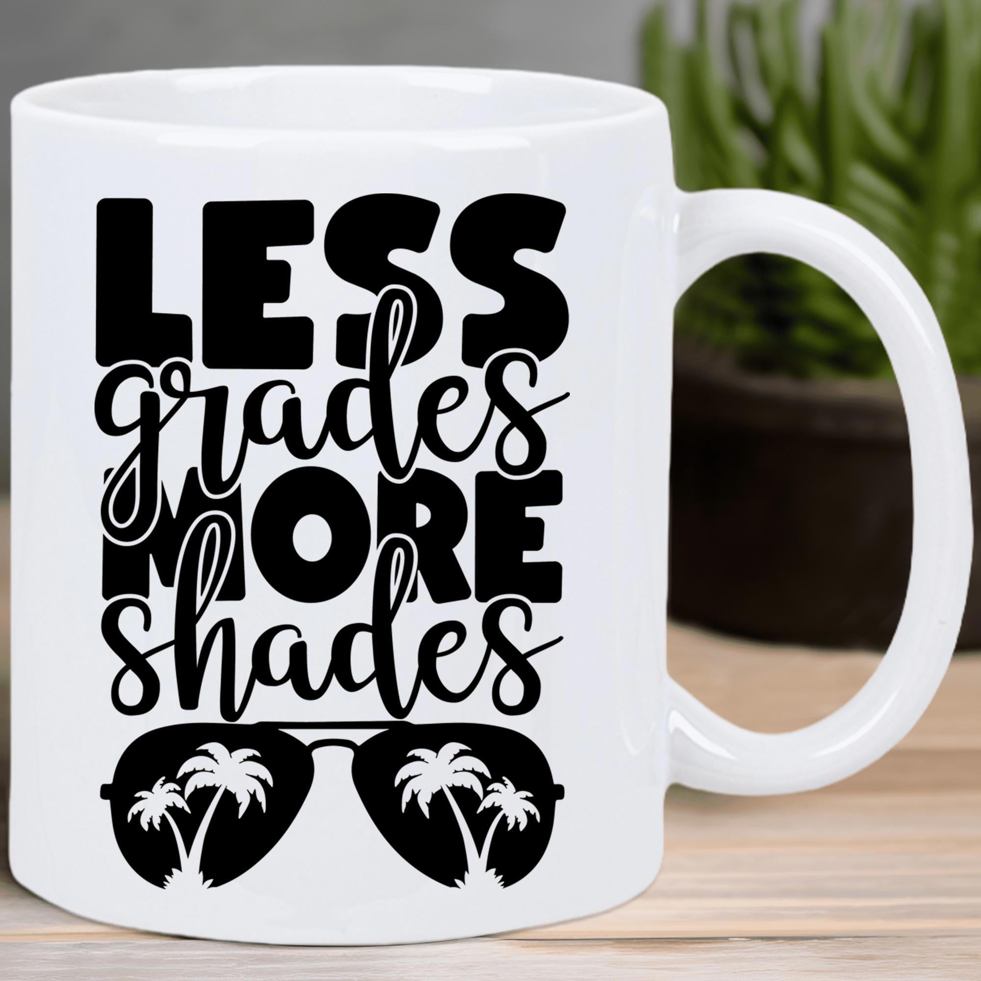 Tailorly White Ceramic 11 oz Mug - Less Grades More Shades Stylish Black Ink Aviator Design Featuring Tropical Palm Tree Silhouettes Sunglasses