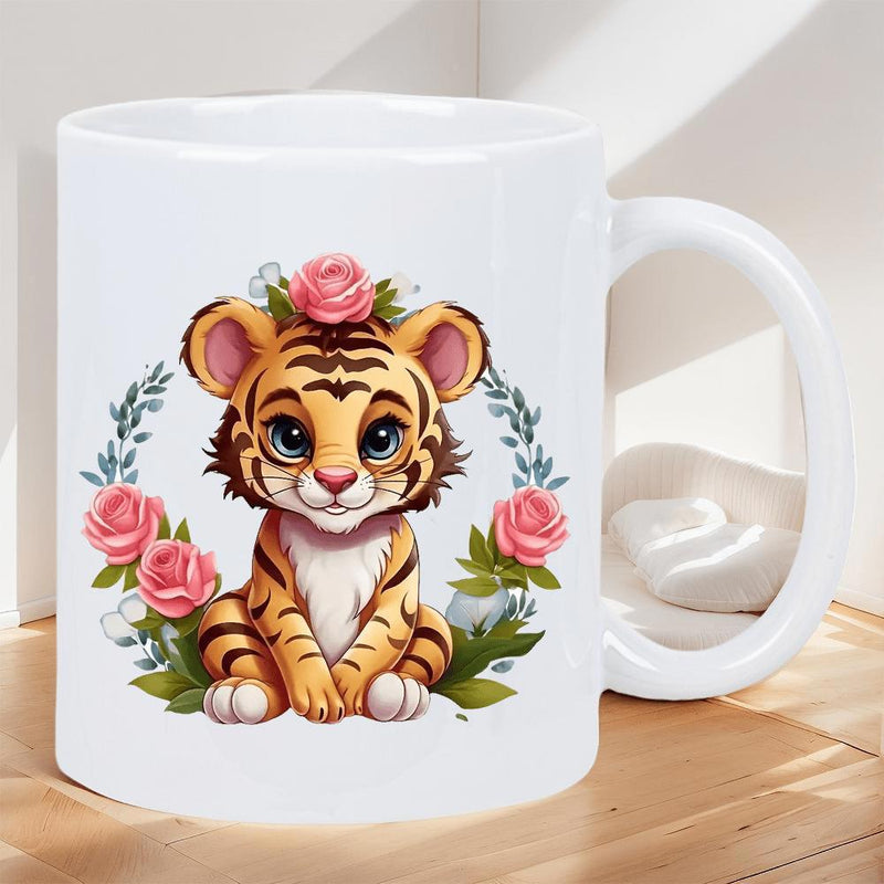 Tailorly White Ceramic 11 oz Mug - Adorable Chibi Style Sitting Amidst Blooming Pink Floral Garden Wreath Tiger
