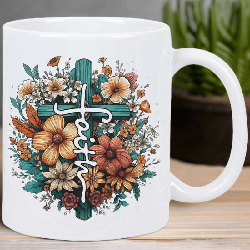 Tailorly White Ceramic 11 oz Mug - Faith Elegant Teal Wooden Texture Nestled Among Vibrant Autumn Blossoms And Foliage Cross