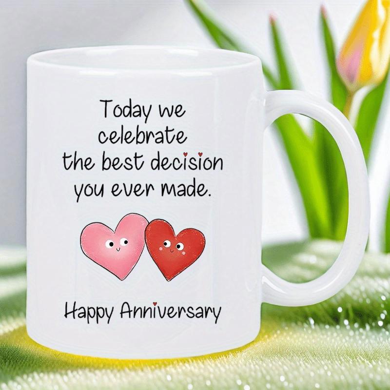 Tailorly White Ceramic 11 oz Mug - Today We Celebrate The Best Decision You Ever Made Happy Anniversary Cute Pink And Red Cartoon Characters Expressing Love
