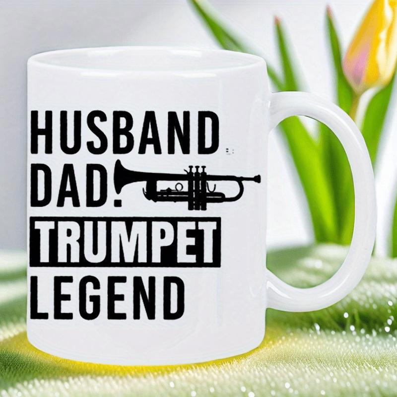 Tailorly White Ceramic 11 oz Mug - Husband Dad Trumpet Legend Elegant Black Silhouette Of A Classical Brass Musical Instrument Trumpet