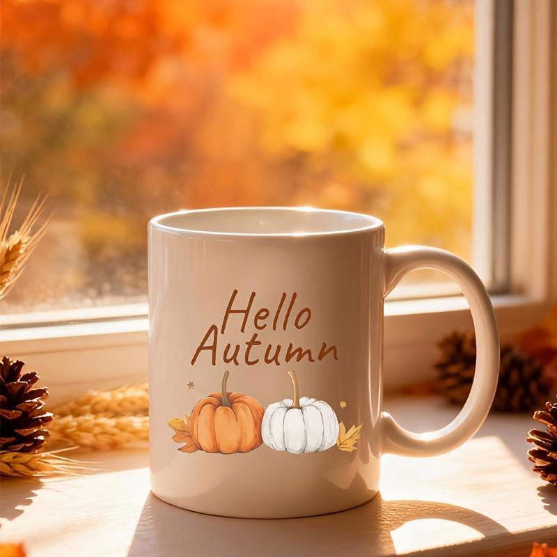 Tailorly White Ceramic 11 oz Mug - Hello Autumn Vibrant Orange And White Pumpkins Resting Among Fallen Golden Autumn Leaves Pumpkin