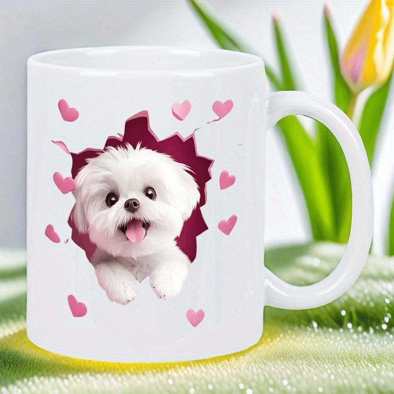 Tailorly White Ceramic 11 oz Mug - Adorable White Fluffy Puppy Peeking Out Among Tiny Pink Floating Hearts Dog