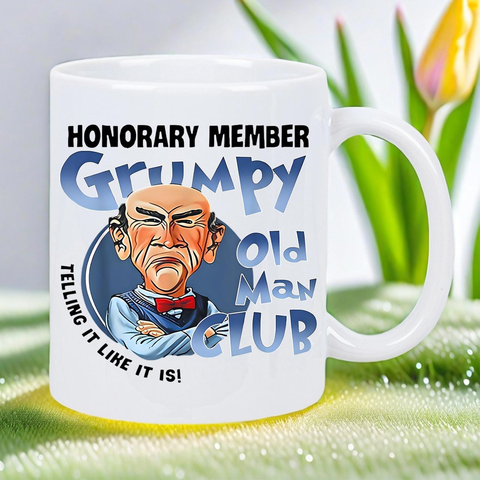 Tailorly White Ceramic 11 oz Mug - Honorary Member Grumpy Old Man Club Telling It Like It Is Cartoon Caricature Of An Angry Bald Man Wearing A Red Bowtie Man