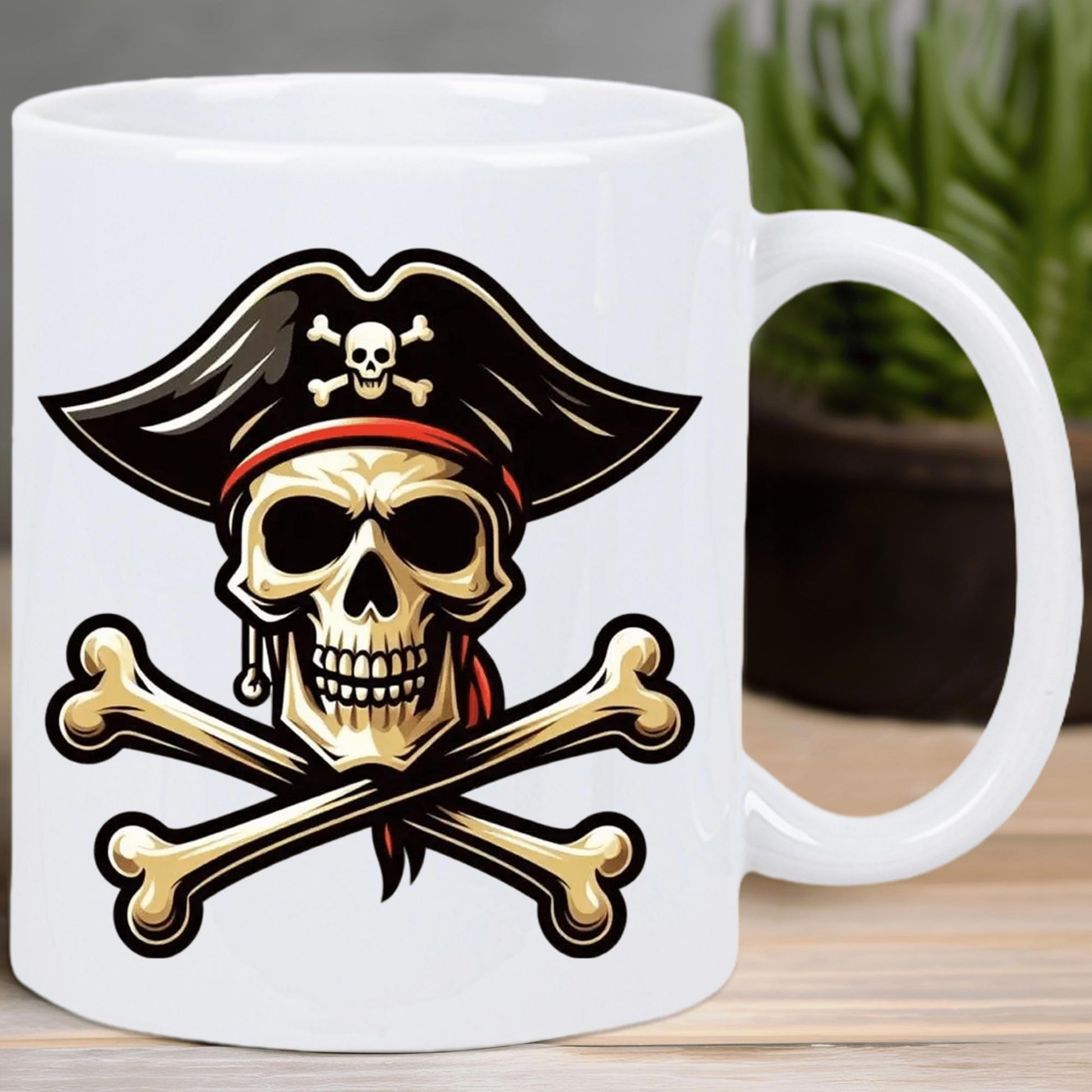 Tailorly White Ceramic 11 oz Mug - Detailed Artistic Jolly Roger Wearing Black Hat Over Crossed Bones Skull