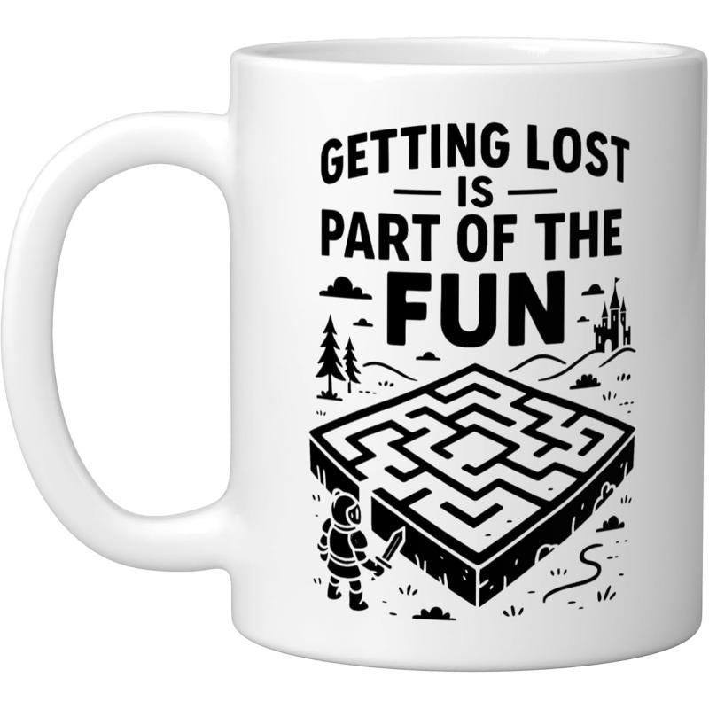 Tailorly White Ceramic 11 oz Mug - Getting Lost Is Part Of The Fun Adventurous Knight Standing Before Large Complex Stone Structure Among Pine Trees Maze