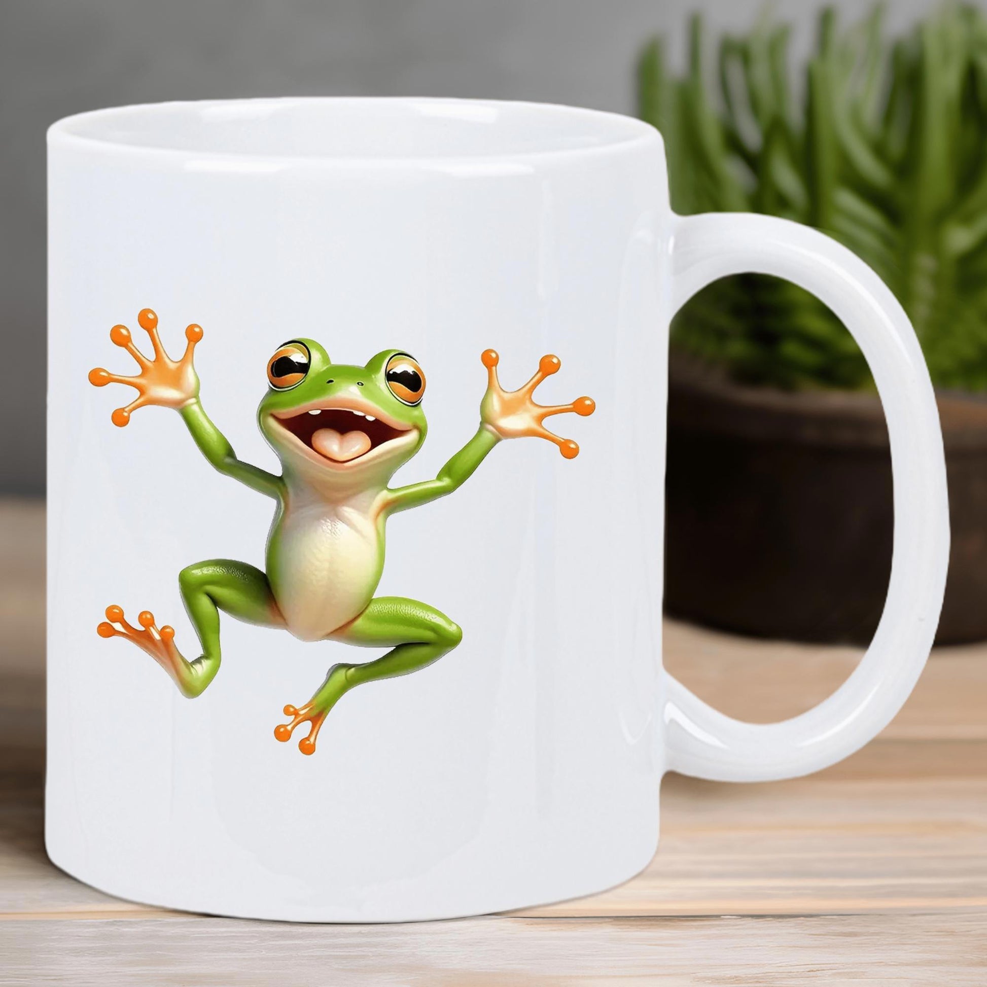 Tailorly White Ceramic 11 oz Mug - Vibrant Green Tree Frog Jumping With Outstretched Limbs And Joyful Expression Frog