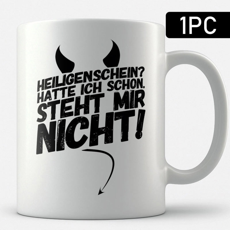 Tailorly White Ceramic 11 oz Mug - Simple Black Horns And Pointed Tail Set In Minimalist Silhouette Devil