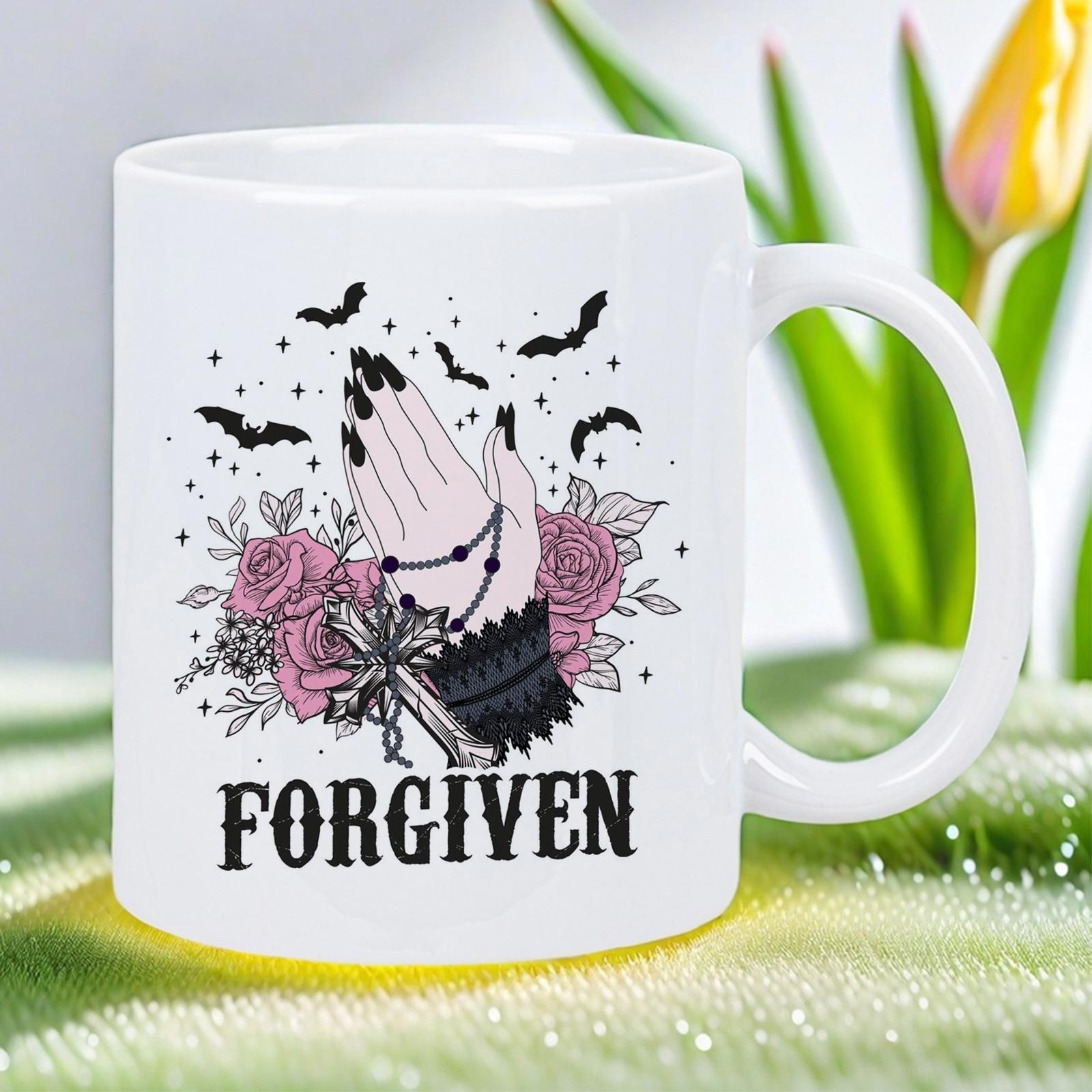 Tailorly White Ceramic 11 oz Mug - Forgiven Gothic Style Rosary With Dark Bats And Soft Pink Roses Praying Hands