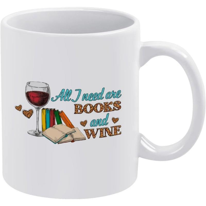 Tailorly White Ceramic 11 oz Mug - All I Need Are Books And Wine Red Wine Glass Stacked Colorful Books And Open Journal With Hearts Books