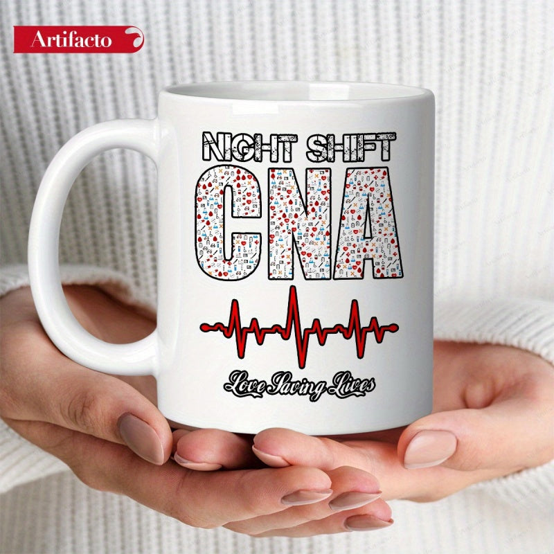 Tailorly White Ceramic 11 oz Mug - Night Shift CNA Love Saving Lives Vibrant Red Heartbeat Rhythm Line Under Detailed Patterned Medical Typography Mug