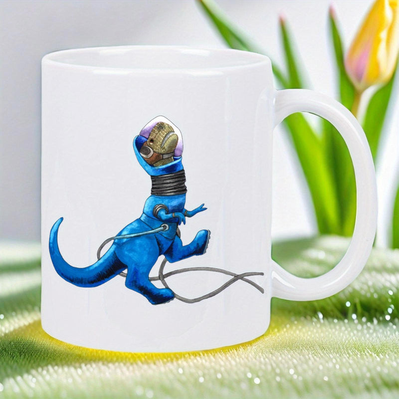 Tailorly White Ceramic 11 oz Mug - Blue Spaceman Suit Wearing Helmet Floating Through Vast Outer Space Dinosaur