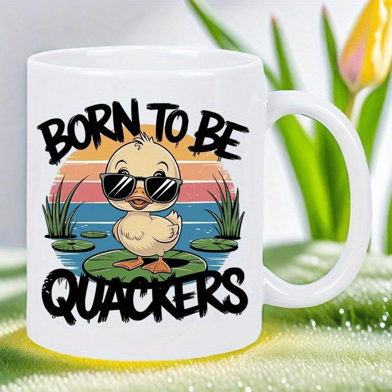 Tailorly White Ceramic 11 oz Mug - Born To Be Quackers Cute Little Yellow Duckling Wearing Cool Sunglasses On A Lily Pad Sunset Duck