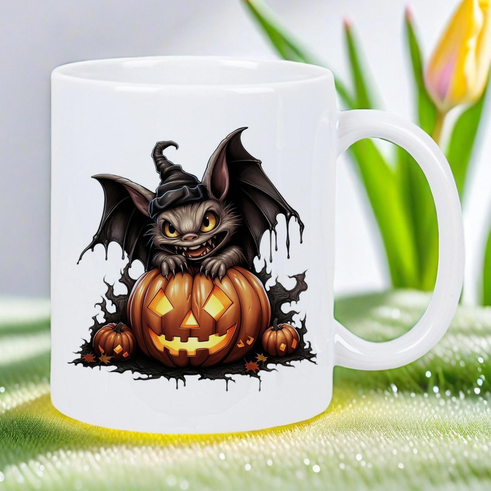 Tailorly White Ceramic 11 oz Mug - Spooky Creature Wearing Witch Hat On Glowing Halloween Jack O Lantern Bat