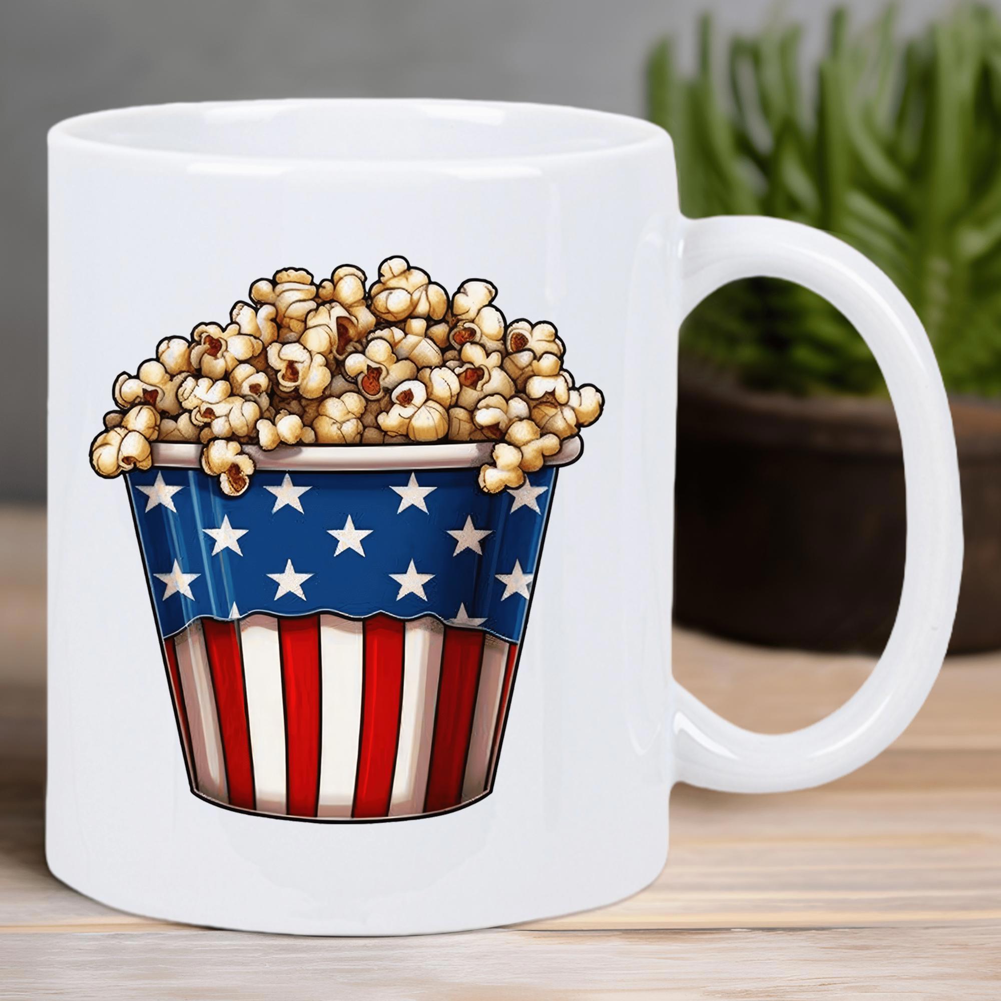 Tailorly White Ceramic 11 oz Mug - Patriotic Stars And Stripes Bucket Filled With Golden Delicious Salty Popcorn