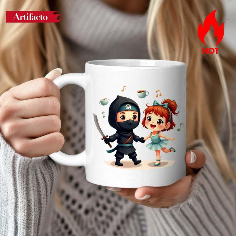Tailorly White Ceramic 11 oz Mug - Adorable Little Ballerina Dancing Together With Brave Sword Carrying Ninja