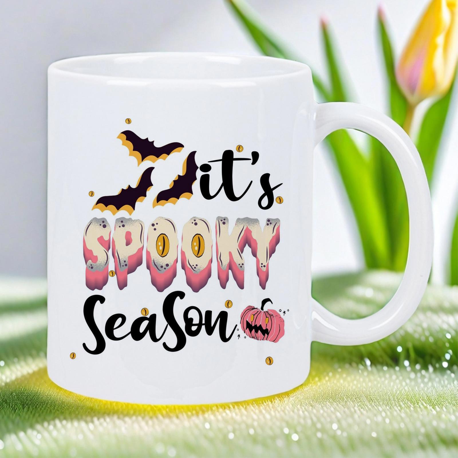 Tailorly White Ceramic 11 oz Mug - It's Spooky Season Flying Black Bats Over Pink Dripping Text Near Cute Jack O Lantern Pumpkin
