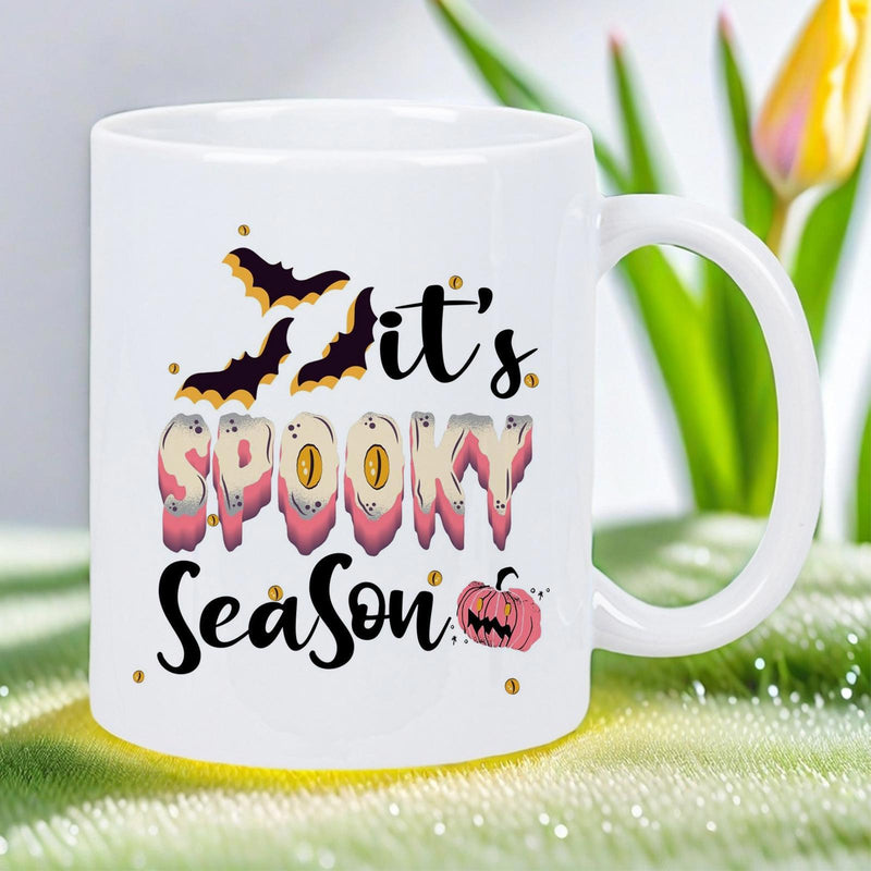 Tailorly White Ceramic 11 oz Mug - It's Spooky Season Flying Black Bats Over Pink Dripping Text Near Cute Jack O Lantern Pumpkin