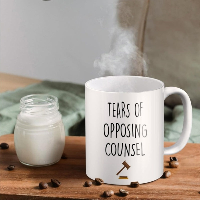 Tailorly White Ceramic 11 oz Mug - Tears Of Opposing Counsel Minimalist White Ceramic Vessel With Simple Brown Lawyer Gavel Icon Mug