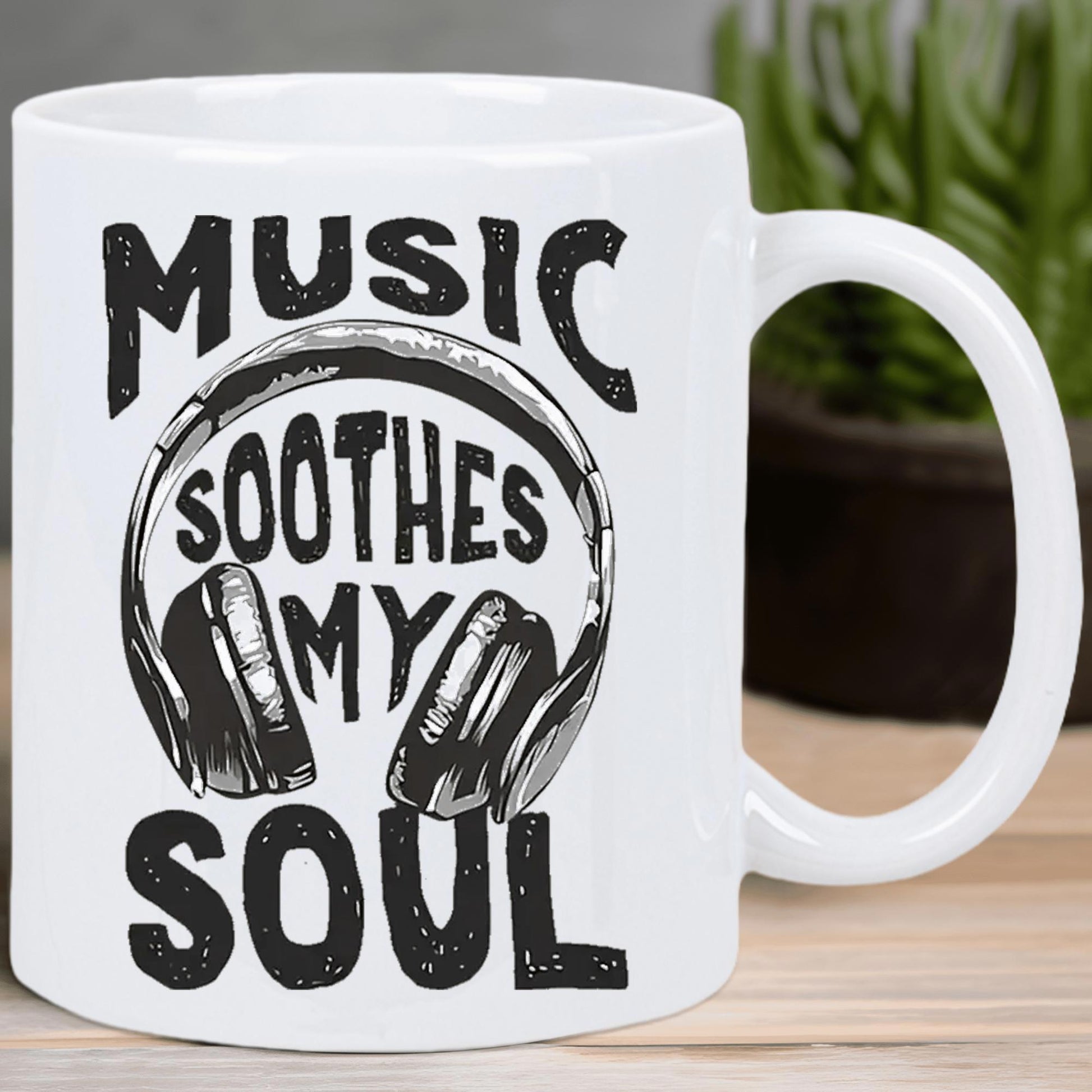 Tailorly White Ceramic 11 oz Mug - Music Soothes My Soul Modern Silhouette Design Featuring Professional Studio Gear And Melodic Vibes Headphones