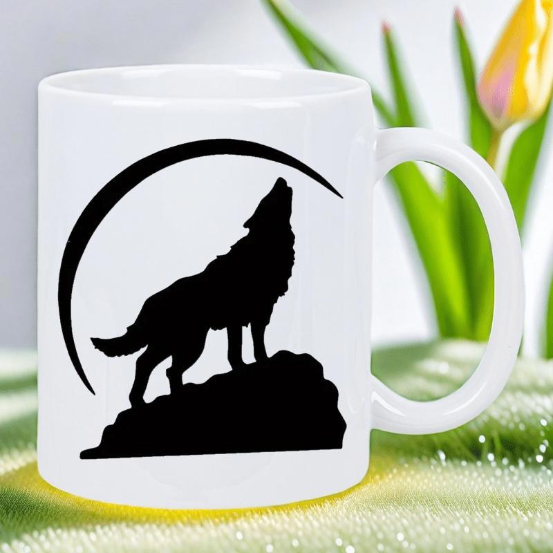 Tailorly White Ceramic 11 oz Mug - Majestic Black Silhouette Howling To The Crescent Moon On Rocky Ground Wolf