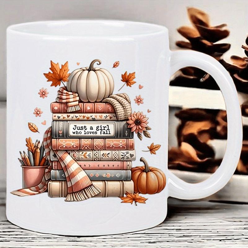 Tailorly White Ceramic 11 oz Mug - Just A Girl Who Loves Fall Rustic Stacked Books With Striped Scarf And Autumn Maple Leaves Pumpkin