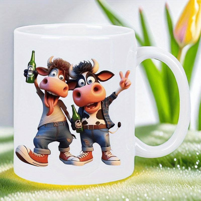 Tailorly White Ceramic 11 oz Mug - Two Happy Animated Bull Characters Wearing Sneakers Holding Beer Bottles Cows