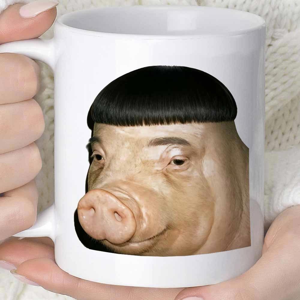 Tailorly White Ceramic 11 oz Mug - Funny Humorous Realistic Animal Face With Unique Black Bowl Cut Hairstyle Pig