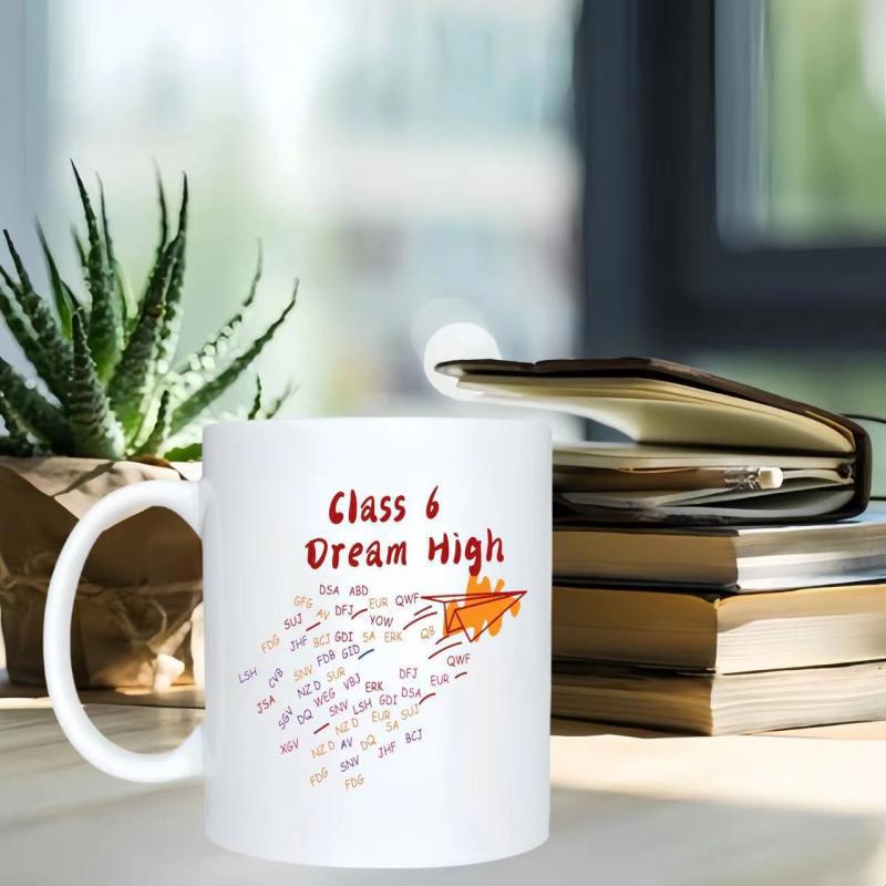 Tailorly White Ceramic 11 oz Mug - Class 6 Dream High Soaring Orange Heart Trail Flying Through The Air Paper Airplane
