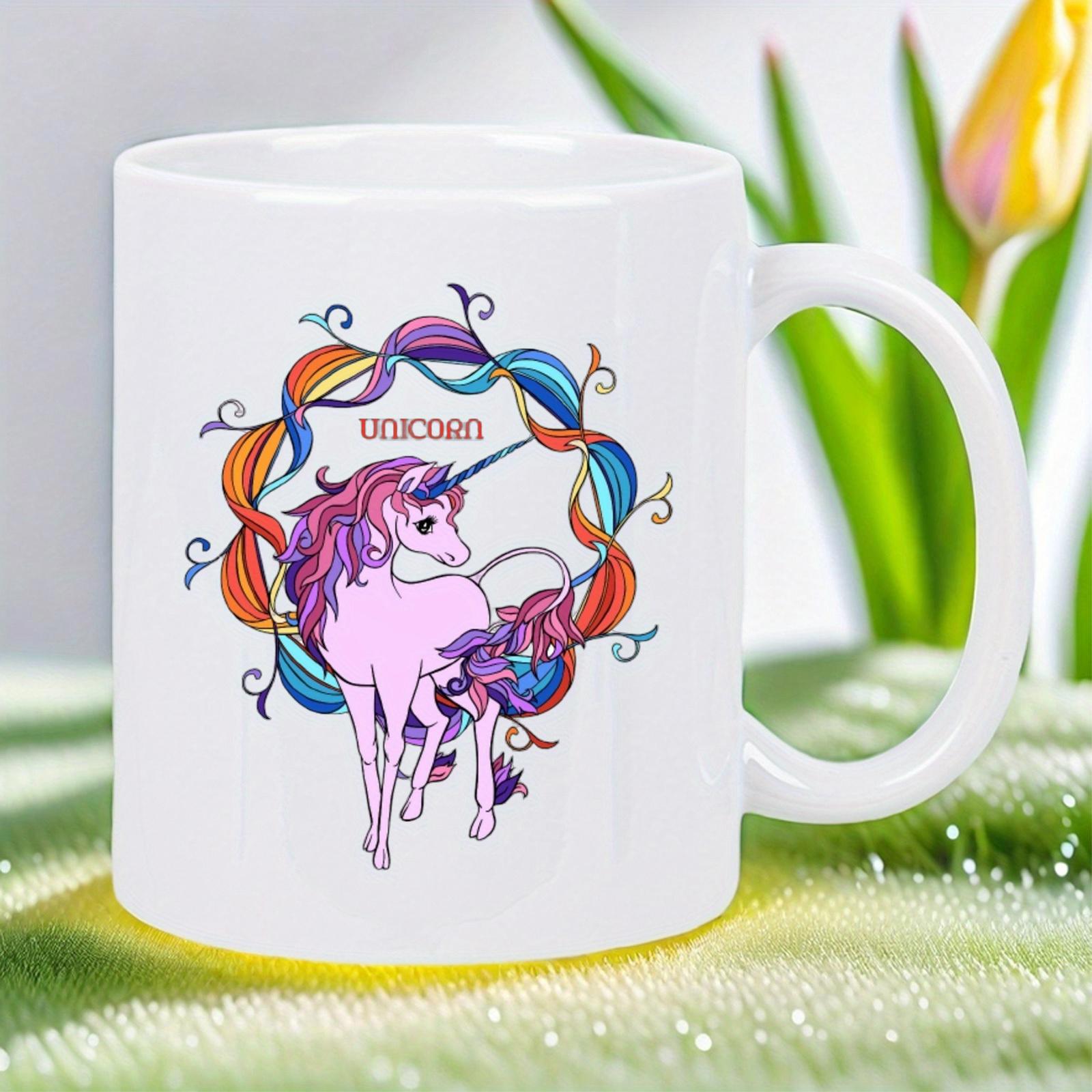 Tailorly White Ceramic 11 oz Mug - Unicorn Magical Pink Mane Standing Within Colorful Swirling Rainbow Ribbon Wreath Unicorn