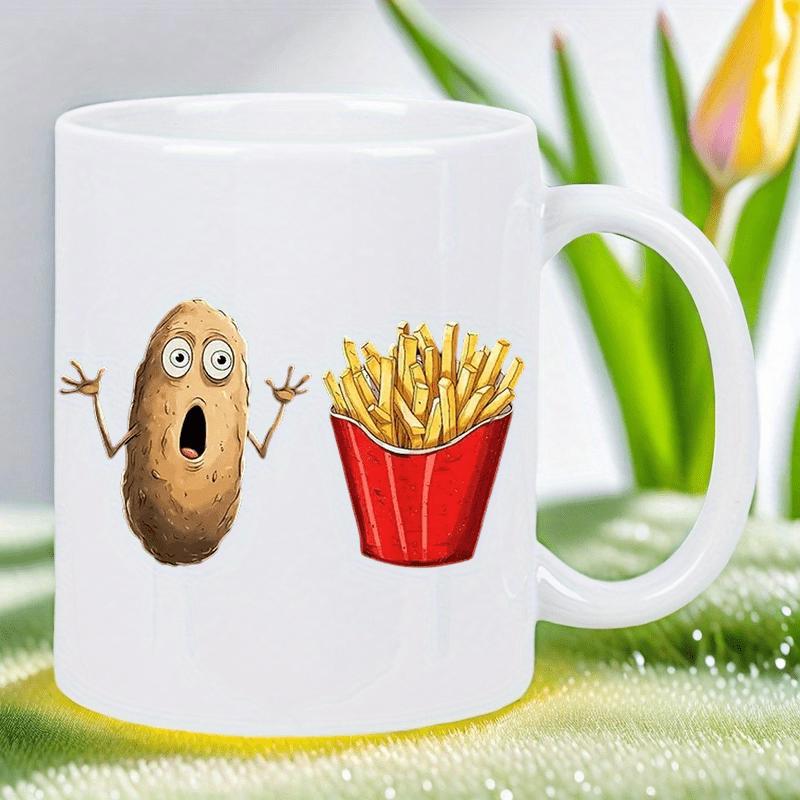 Tailorly White Ceramic 11 oz Mug - Shocked Cartoon Potato Staring At Crispy Golden Fries In Red Box Potato