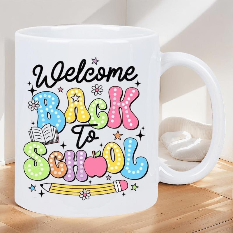 Tailorly White Ceramic 11 oz Mug - Welcome Back To School Colorful Retro Letters With Tiny Flowers Stars And A Small Pencil Illustration