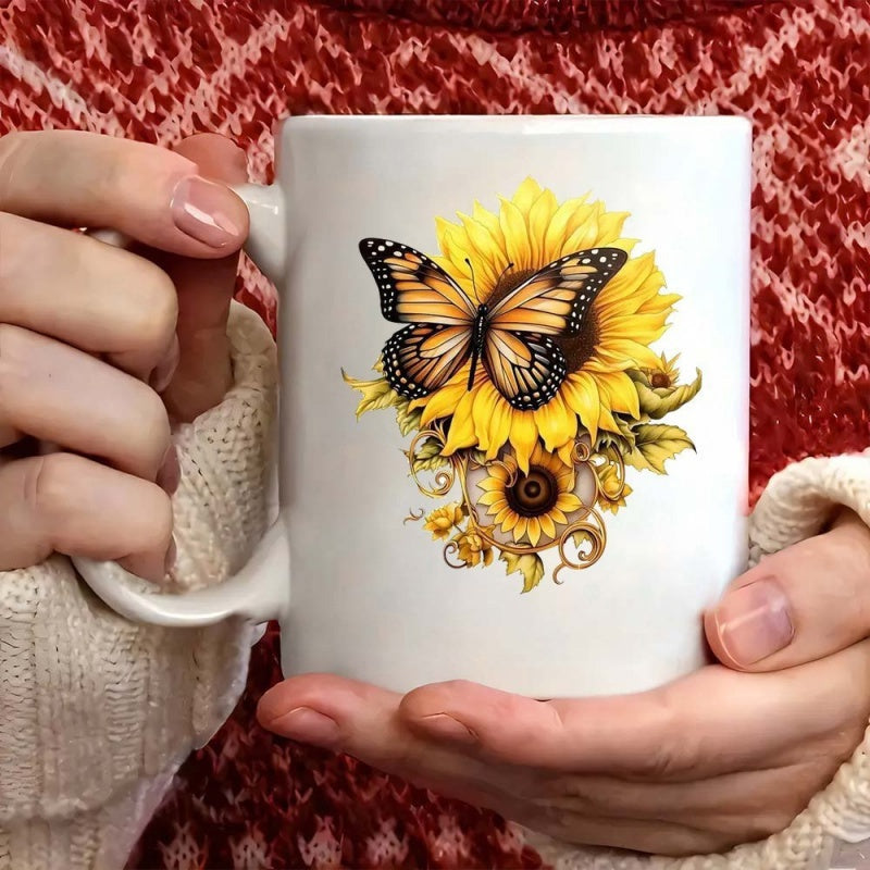 Tailorly White Ceramic 11 oz Mug - Elegant Monarch Resting Among Vibrant Golden Sunflowers With Intricate Floral Details Butterfly