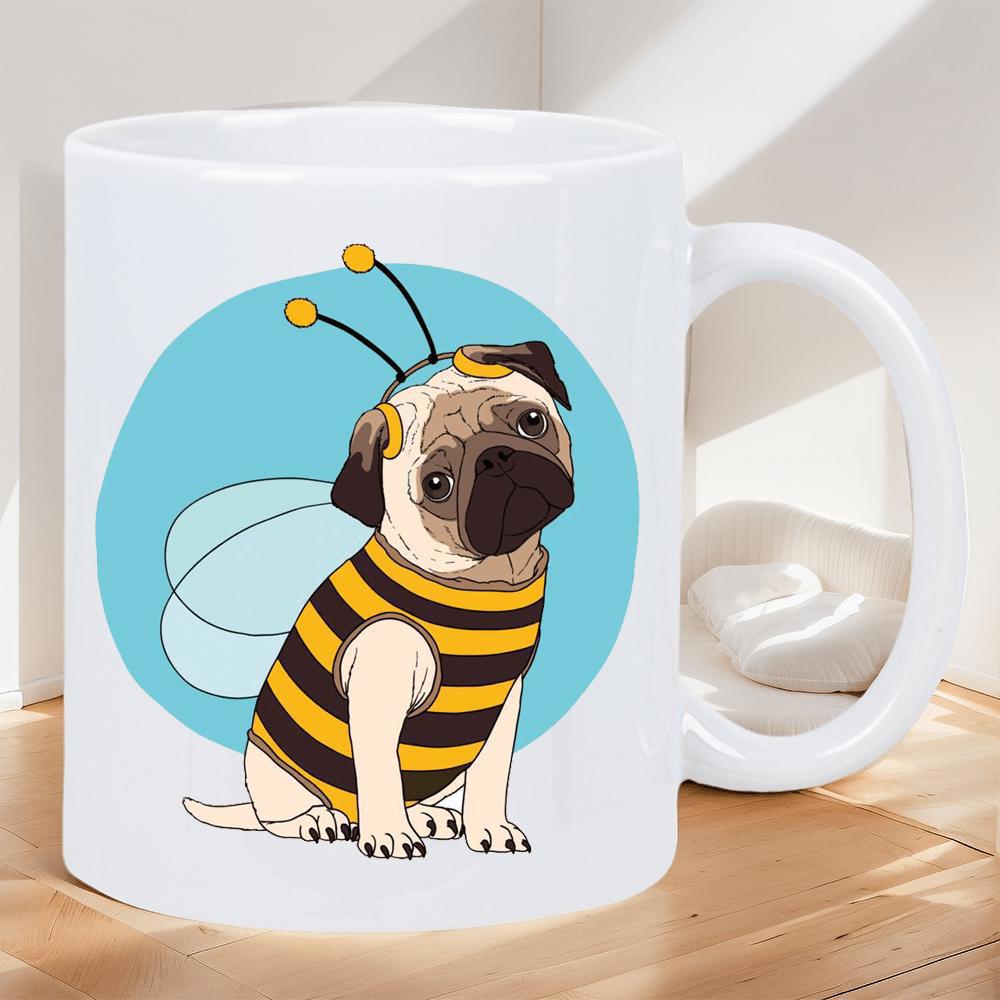 Tailorly White Ceramic 11 oz Mug - Adorable Cartoon Pug Wearing Honeybee Costume Sitting Against Circular Blue Backdrop Pug